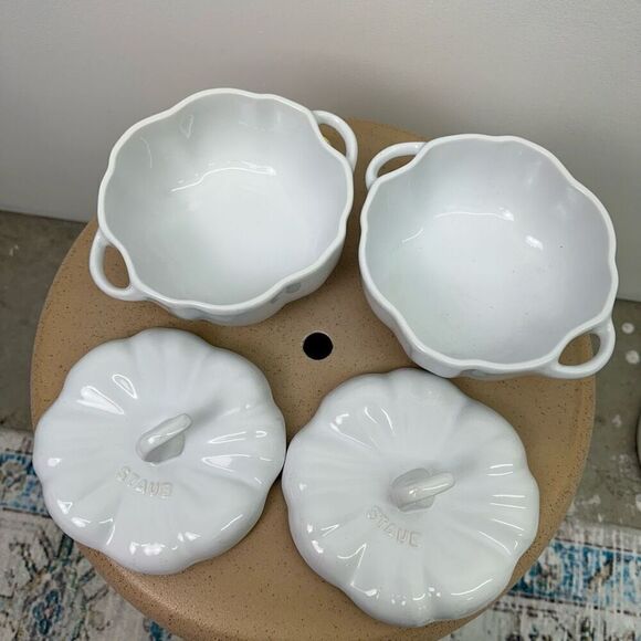 Staub Ceramic 2 PC 16oz Petite Pumpkin Cocotte Set Glossy Ivory - Picture 10 of 10